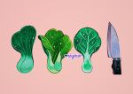  absurdres artist_name bok_choy food food_focus highres knife leaf meyoco no_humans original pink_background simple_background sparkle vegetable 