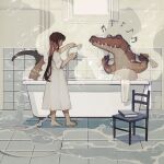  1:1 anthro bath bathing bathroom book bubble chair clothing crocodile crocodilian crocodylid dress duo eyes_closed female furniture hose human male mammal musical_note reptile rt0no scalie spiked_tail spikes spikes_(anatomy) steam tile towel water window 