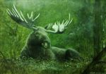  2014 antlers brown_ears brown_fur capreoline cervid detailed detailed_background feral forest fur grass hi_res horn lying male mammal moose quadruped realistic solo traditional_media_(artwork) tree tuomas_koivurinne 