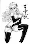  bb breasts choker elbow_gloves futanari gloves large_breasts leather_clothes monochrome penis testicles thighhighs 
