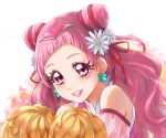  1girl chocokin cure_yell double_bun earrings floating_hair flower hair_flower hair_ornament hair_ribbon heart heart_hair_ornament hugtto!_precure jewelry long_hair looking_at_viewer pink_eyes pink_hair pom_poms portrait precure red_ribbon ribbon see-through shiny shiny_hair shoulder_cutout solo sparkle very_long_hair white_background white_flower 