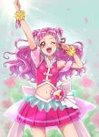  1girl ;d arm_up armpits bow chocokin clenched_hand cowboy_shot cure_yell earrings floating_hair flower hair_flower hair_ornament hair_ribbon highres hugtto!_precure jewelry long_hair looking_at_viewer midriff miniskirt navel one_eye_closed open_mouth pink_eyes pink_hair pink_shirt pink_skirt pleated_skirt precure red_ribbon ribbon see-through shiny shiny_hair shirt shoulder_cutout skirt smile solo sparkle standing stomach very_long_hair white_bow white_flower wrist_cuffs 