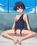  barefoot breasts brown_eyes brown_hair censored feet inverted_nipples knees_apart_feet_together medium_breasts mosaic_censoring nipples non-web_source one-piece_swimsuit onija_tarou original pussy rooftop school_swimsuit short_hair sitting smile solo spread_legs swimsuit toe-point wardrobe_error 