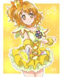  1girl blonde_hair bow breasts chocokin choker collarbone corset cowboy_shot cure_pine dated eyebrows_visible_through_hair fresh_precure! hair_bow hair_ornament heart heart_hair_ornament holding layered_skirt looking_at_viewer miniskirt orange_bow orange_eyes orange_ribbon pleated_skirt precure ribbon shiny shiny_hair short_hair side_ponytail signature skirt small_breasts solo standing wrist_cuffs yellow_skirt 