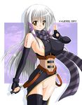  areola_slip areolae blush breasts brown_eyes clair_lasbard covered_nipples elbow_gloves fingerless_gloves gloves huge_breasts impossible_clothes knife level_up nipple_slip nipples no_panties pubic_hair pussy scarf silver_hair smile solo star_ocean star_ocean_till_the_end_of_time striped striped_scarf tattoo thighhighs thighs womi 