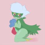  blush butt flower green_skin humanoid kneeling naughtycactus nintendo pink_background plant pok&eacute;mon pok&eacute;mon_(species) red_eyes rose roserade simple_background smile solo video_games 