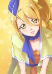  1girl blonde_hair blue_hat breasts chocokin cleavage cure_etoile earrings eyebrows_visible_through_hair hair_between_eyes hair_ornament hat head_tilt hug hugtto!_precure jewelry leaning_forward long_hair looking_at_viewer parted_lips precure shiny shiny_hair side_ponytail small_breasts smile solo star star_earrings starry_background yellow_background yellow_capelet yellow_eyes 