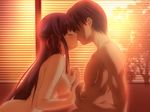  1girl blush breasts brown_hair closed_eyes couple hetero holding_hands interlocked_fingers kiss large_breasts long_hair nude serina_(game) suou_serina very_long_hair window 