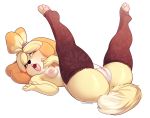  2019 animal_crossing anthro blush breasts canid canine canis clothing digital_media_(artwork) dog female fur hair isabelle_(animal_crossing) legs_up legwear lovepuma69 mammal nintendo nipples open_mouth presenting presenting_pussy pussy shih_tzu simple_background solo tongue tongue_out video_games white_background yellow_fur 
