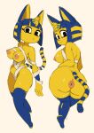  2021 :&lt; animal_crossing ankha_(animal_crossing) anthro anus bandage big_breasts blue_hair bob_cut breasts butt clothing domestic_cat felid feline felis female fur hair legwear looking_at_viewer looking_back mammal multiple_angles nintendo rear_view short_hair simple_background solo striped_tail stripes thigh_highs uraeus video_games white_background wrappings yellow_body yellow_fur yuta_agc 