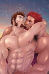 2boys abs arm_around_neck armpit_hair armpits bara biceps blue_eyes brown_hair completely_nude couple crotch_grab eye_contact face-to-face facial_hair fate/grand_order fate_(series) goatee hand_on_another&#039;s_crotch highres hug hug_from_behind imminent_kiss interracial iskandar_(fate) large_pectorals long_sideburns looking_at_another male_focus mature_male multiple_boys muscular muscular_male napoleon_bonaparte_(fate) navel navel_hair nipples no_scar nude short_hair sideburns smile starry_background stomach tsukasa_mat upper_body yaoi 