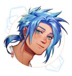 1boy artist_name blue-haired_boy_(how_to_draw_manga) blue_eyes blue_hair blue_theme blush chromatic_aberration closed_mouth commentary dated derivative_work english_commentary face hair_intakes hair_tie happy how_to_draw_manga light_blush looking_at_viewer male_focus mk/ret nose_blush ponytail shiny shiny_hair short_hair sidelocks simple_background smile solo tied_hair watermark white_background 