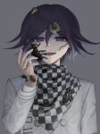  1boy :d aji_kosugi bangs black_hair bug checkered checkered_background checkered_scarf commentary_request danganronpa_(series) danganronpa_v3:_killing_harmony eyebrows_visible_through_hair grey_background hair_between_eyes hand_up highres insect long_sleeves looking_at_viewer male_focus open_mouth ouma_kokichi purple_eyes purple_hair scarf short_hair smile solo spider straitjacket sweat upper_body 