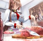  2girls akagi_(kancolle) breasts brown_hair cherry_blossoms flower food food_focus hair_flower hair_ornament hakama highres holding holding_knife japanese_clothes kantai_collection kitchen kitchen_knife knife large_breasts long_hair long_sleeves multiple_girls ponytail red_hakama ryougi_ayato shirt sidelocks straight_hair tasuki white_shirt yamato_(kancolle) 