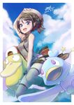  1girl :d absurdres bangs belt blush boots border braid brown_hair commentary_request dated ducklett gen_1_pokemon gen_5_pokemon grey_headwear hat highres hololive looking_at_viewer null_suke oozora_subaru open_mouth outside_border pokemon pokemon_(creature) psyduck short_hair signature sleeveless smile star_(symbol) thighhighs tongue white_border 