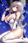  1girl azur_lane bare_shoulders between_legs blue_neckwear blurry breasts bug butterfly cleavage collarbone cross depth_of_field dress grey_hair hand_up highres impossible_clothes impossible_dress insect lace_trim large_breasts long_hair looking_at_viewer mole mole_under_eye neck_ribbon no_panties official_alternate_costume pelvic_curtain red_eyes ribbon saint-louis_(azur_lane) saint-louis_(brilliant_paladin)_(azur_lane) seiza single_arm_warmer sitting sleeveless sleeveless_dress smile solo spaghetti_strap thighhighs thighs white_dress white_legwear wsman 