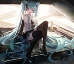  1girl :d absurdly_long_hair absurdres arm_support bangs bare_shoulders black_footwear black_legwear black_skirt black_sleeves blue_eyes blue_hair blue_neckwear blush buri_(retty9349) commentary_request detached_sleeves hand_on_own_chest hatsune_miku headphones high_heels highres knees_up long_hair long_sleeves looking_at_viewer miniskirt music_box necktie open_mouth shirt sitting skirt smile solo thighhighs twintails very_long_hair vocaloid white_shirt wide_sleeves 
