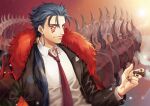  1boy alternate_costume beads black_nails blue_hair cigar closed_mouth coat collared_shirt cu_chulainn_(fate)_(all) cu_chulainn_alter_(fate/grand_order) dark_blue_hair dark_persona earrings facepaint fate/grand_order fate_(series) formal fur-trimmed_jacket fur_trim hair_beads hair_ornament jacket jewelry kuzen long_hair long_sleeves looking_at_viewer male_focus monster_boy nail_polish necktie open_clothes open_jacket overcoat ponytail red_eyes shirt signature smile smoke smoking solo spiked_hair spikes suit tail 