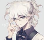  1boy aji_kosugi anniversary bangs bow bowtie commentary_request danganronpa_(series) danganronpa_10th_anniversary_costume danganronpa_2:_goodbye_despair eyebrows_visible_through_hair formal grey_background hair_between_eyes highres huge_filesize komaeda_nagito long_sleeves male_focus official_alternate_costume ponytail silver_hair simple_background solo suit upper_body 