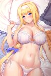  1girl alice_zuberg areolae bangs bed bed_sheet blonde_hair blue_eyes blue_ribbon blush bow bra breasts cameltoe cleavage commentary_request embarrassed eyebrows_visible_through_hair hair_bow hair_intakes hair_ribbon hairband hand_up highres kawase_seiki large_breasts long_hair looking_at_viewer lying nail_polish navel nipples on_back open_mouth orange_nails panties pillow ribbon shiny shiny_skin shirt short_sleeves sidelocks solo sweat sword_art_online sword_art_online:_alicization underwear very_long_hair white_hairband white_panties 