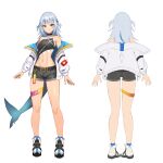  1girl alternate_costume bangs belt black_belt black_shorts blue_eyes blue_hair breasts character_name crop_top eyebrows_visible_through_hair gawr_gura highres hololive hololive_english jacket korean_commentary midriff multicolored_hair multiple_views navel off_shoulder open_hands shorts silver_hair small_breasts streaked_hair virtual_youtuber wangjook_(wj) white_background white_footwear white_jacket wide_hips 