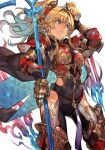  1girl armor blonde_hair blue_eyes bodysuit breasts cleavage from_below gauntlets gloves granblue_fantasy hand_in_hair holding holding_spear holding_weapon hungry_clicker polearm sidelocks simple_background solo spear standing twintails weapon white_background zeta_(granblue_fantasy) 