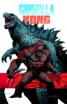  character_request clenched_hands copyright_name dan_mora english_commentary godzilla godzilla_(series) godzilla_vs_kong gorilla highres kaijuu king_kong king_kong_(series) looking_at_viewer looking_up no_humans open_hands open_mouth red_eyes scar sharp_teeth teeth 