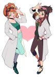  2girls :d beachricefield blush boots brown_hair buttons commentary_request eyewear_on_head green_eyes green_footwear green_nails green_pants green_shirt gyakuten_saiban hair_ornament hand_in_pocket hand_up heart heart_hair_ornament high_heel_boots high_heels houzuki_akane labcoat long_hair multiple_girls nail_polish navel open_mouth orange_hair pants pokemon pokemon_(game) pokemon_swsh ribbed_shirt shirt side_ponytail sidelocks sleeves_rolled_up smile sonia_(pokemon) standing sunglasses tongue watch wristwatch 