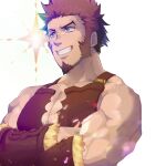  1boy alternate_costume armor bara bare_shoulders blue_eyes borrowed_garments bracer breastplate brown_armor brown_hair cleavage_cutout clothing_cutout cosplay crossed_arms facial_hair fate/grand_order fate_(series) fur_trim gatta_(gatta_reve_cat) goatee grin iskandar_(fate) iskandar_(fate)_(cosplay) large_pectorals leather long_sideburns looking_to_the_side male_cleavage male_focus mature_male multiple_boys muscular muscular_male napoleon_bonaparte_(fate) scar scar_on_chest short_hair sideburns sleeveless smile solo sparkle upper_body 