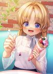  1girl :d alternate_costume bangs blonde_hair blue_eyes blurry blush brick_wall casual commentary_request crepe depth_of_field dutch_angle eyebrows_visible_through_hair food hair_intakes highres holding holding_spoon incoming_food leaf long_hair moriya_suwako nail_polish no_hat no_headwear nora_wanko open_mouth parted_bangs purple_nails see-through smile solo sparkle spoon tank_top teeth touhou upper_body white_tank_top 