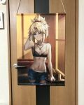  1girl arm_behind_head bandeau blonde_hair bra bracelet breasts couch cup denim door_handle fate/apocrypha fate_(series) green_eyes hanging_scroll highres jeans jewelry midriff mordred_(fate) mordred_(fate)_(all) navel necklace pants red_bra red_scrunchie scroll scrunchie shorts small_breasts tonee torn_clothes torn_jeans torn_pants underwear window wooden_door wooden_wall 