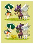  animal_crossing blush_stickers book bow calyrex clapping closed_eyes closed_mouth commentary floral_print flower gen_8_pokemon glastrier grass grey_sweater highres holding holding_book legendary_pokemon onomatopoeia open_mouth parody pokemon pokemon_(creature) pouring purple_shirt shirt shrimposaurus smile spectrier standing star_(symbol) sweater watering watering_can yellow_flower 