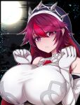  1girl bare_shoulders breasts elbow_gloves full_moon genshin_impact gloves half-closed_eyes highres huge_breasts kurarika looking_at_viewer moon parted_lips rosaria_(genshin_impact) solo upper_body veil white_gloves 