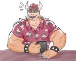  5_fingers aloha_shirt anthro body_hair bowser bracelet casual_clothing chest_hair claws clothing cup eyebrows fingers furniture hair hi_res horn hydenari jewelry koopa looking_at_viewer male mario_bros nintendo open_mouth open_smile pattern_clothing pattern_shirt pattern_topwear red_hair reptile scalie shell shirt simple_background smile smiling_at_viewer solo spiked_bracelet spiked_shell spikes spikes_(anatomy) table thick_eyebrows topwear video_games yellow_body 