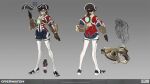  1girl alternate_costume black_headwear boots brown_gloves brown_hair character_sheet english_commentary from_behind gloves goggles grey_background gun hair_behind_ear handgun highres jacket kozaki_yuusuke mixed-language_commentary multiple_views official_alternate_costume official_art overwatch pistol red_jacket short_hair smirk thigh_boots thighhighs tied_hair tracer_(overwatch) weapon white_headwear 