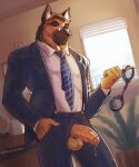  2021 absurd_res anthro balls blacksad bodily_fluids canid canine canis chief_smirnov clothed clothing domestic_dog eyewear foreskin genital_fluids genitals german_shepherd glasses half-erect handcuffs herding_dog hi_res humanoid_genitalia humanoid_penis looking_at_viewer male mammal necktie pastoral_dog penis poking_out precum shackles solo vein vhkansfweer 