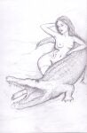  absurd_res ambiguous_gender breasts crocodile crocodilian crocodylid dashinvaine duo female feral hair hand_on_head hi_res human human_focus lips lying mammal mostly_nude nipples not_furry_focus open_mouth pinup pose reptile scales scalie simple_background sketch tattoo unfinished 