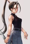  1girl antenna_hair black_hair breasts brown_eyes high_ponytail hinoru_saikusa hip_vent ibuki_(street_fighter) kunai long_hair ninja ponytail simple_background smile solo solo_focus street_fighter street_fighter_v weapon 