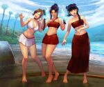  3girls abs absurdres avatar:_the_last_airbender avatar_(series) azula bags_under_eyes bandeau bare_legs bare_shoulders barefoot beach bikini bikini_skirt bikini_top black_hair blue_fire braid braided_ponytail breasts brown_hair bullying choker cirenk cleavage collarbone double_bun element_bending english_commentary evil_smile fire flaming_hand flat_chest full_body grabbing_another&#039;s_hair hair_bun halterneck highres large_breasts long_braid long_skirt looking_at_viewer mai_(avatar) medium_breasts messy_hair miniskirt mountain multiple_girls navel open_mouth palm_tree pyrokinesis red_bandeau red_choker red_skirt red_swimsuit sand shiny shiny_skin single_braid skirt smile standing stomach strapless swimsuit toes toned tree tubetop twintails ty_lee water white_bikini white_skirt yellow_eyes 