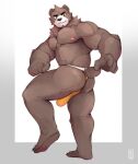  2021 anthro bulge butt clothed clothing erection erection_under_clothing hi_res looking_aside looking_at_viewer makowolf1 male mammal muscular muscular_anthro muscular_male nipples on_one_leg pecs simple_background smile smirk solo standing tenting thong underwear ursid white_background 