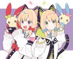  blonde_hair blue_archive cat_ear_headphones cat_tail commentary_request gen_3_pokemon hair_ribbon halo headphones highres jacket looking_at_viewer midori_(blue_archive) minun momoi_(blue_archive) namigon necktie open_mouth plusle pokemon pokemon_(creature) ribbon school_uniform short_hair siblings signature simple_background tail twins 
