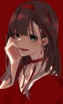  1girl animal_collar bags_under_eyes bangs blush brown_hair collar dress earrings empty_eyes enushi green_eyes hair_ornament hairband hand_on_own_cheek hand_on_own_face highres idolmaster idolmaster_cinderella_girls jewelry leash looking_at_viewer looking_to_the_side nail_polish red_background red_dress red_hairband sakuma_mayu simple_background smile solo 