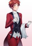  1girl alternate_costume ameno_(a_meno0) blush butler fire_emblem fire_emblem_awakening formal gloves long_sleeves looking_at_viewer nervous red_eyes red_hair short_hair simple_background solo suit sully_(fire_emblem) sweat sweatdrop 