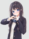  1girl black_jacket blazer blue_eyes blue_neckwear blush bow bowtie brown_hair closed_mouth collared_shirt grey_background head_tilt heart jacket long_hair long_sleeves looking_at_viewer original rimo school_uniform shirt simple_background solo vest white_shirt 