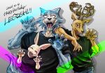  2021 anthro antlers arm_on_shoulder beastars birthday bottomwear canid canine canis cervid claws clothed clothing dated denim denim_clothing english_text eyes_closed female grey_background haru_(beastars) hi_res horn jeans lagomorph legoshi_(beastars) leporid looking_at_viewer louis_(beastars) male mammal open_mouth open_smile pants rabbit scar sharp_claws sharp_teeth shirt simple_background smile standing teeth text topwear trio url wolf yuzuki_fang111 