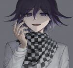  1boy :d aji_kosugi bangs black_hair checkered checkered_background checkered_scarf commentary_request danganronpa_(series) danganronpa_v3:_killing_harmony eyebrows_visible_through_hair grey_background hair_between_eyes hand_up highres long_sleeves looking_at_viewer male_focus open_mouth ouma_kokichi purple_eyes purple_hair scarf short_hair smile solo straitjacket sweat upper_body 