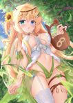  1girl :o bare_shoulders between_breasts blonde_hair blue_eyes breasts collar cowboy_shot elf flower garter_straps green_eyes hair_flower hair_ornament heterochromia highres hiyada_yuu holding holding_instrument instrument large_breasts long_hair looking_at_viewer nature navel one_side_up original parted_lips pointy_ears revealing_clothes sidelocks single_thighhigh solo standing stomach sunflower thighhighs thighs very_long_hair white_legwear 