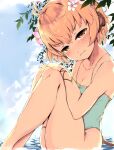  1girl andira_(granblue_fantasy) animal_ears bangs bare_arms bare_legs bare_shoulders barefoot blue_swimsuit blush breasts brown_eyes brown_hair casual_one-piece_swimsuit cleavage closed_mouth collarbone commentary_request double_bun eyebrows_visible_through_hair feet_out_of_frame flower granblue_fantasy hair_flower hair_ornament hands_on_own_knees hands_up head_tilt highres knees_up looking_at_viewer monkey_ears monkey_girl monkey_tail one-piece_swimsuit pink_flower sitting small_breasts solo swimsuit tail venomrobo wavy_mouth white_flower 