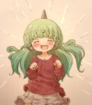  1girl animal_ears aran_sweater arinu blush clenched_hands closed_eyes curly_hair facing_viewer green_hair hands_up highres horns jewelry komano_aunn long_hair long_sleeves necklace open_mouth paw_pose red_sweater single_horn skirt solo sweater touhou 