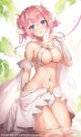 1girl apple_caramel aqua_eyes artist_name bangs bare_shoulders blush braid breasts cleavage cowboy_shot eyebrows_visible_through_hair groin hair_ornament hair_rings highres large_breasts leaf looking_at_viewer navel parted_lips pink_hair pink_ribbon princess_connect! princess_connect!_re:dive revealing_clothes ribbon short_hair smile solo stomach thighs wading water water_drop yui_(princess_connect!) 